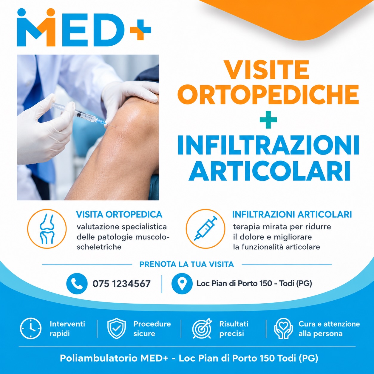 🦴 VISITE ORTOPEDICHE + INFILTRAZIONI ARTICOLARI

Dolore al ginocchio, alla spalla, all’anca o ad altre articolazioni?
Rigidità, difficoltà nei movimenti o dolore che limita le tue attività quotidiane?

Una valutazione ortopedica permette di individuare la causa del disturbo e definire il percorso terapeutico più adatto.

Durante la visita, quando indicato, è possibile valutare anche il ricorso a infiltrazioni articolari, con l’obiettivo di ridurre il dolore e migliorare la funzionalità dell’articolazione.

👨‍⚕️ Visita ortopedica
💉 Infiltrazioni articolari
🎯 Valutazione personalizzata del problema
📍 Presso il nostro Poliambulatorio

📲 Prenota la tua visita e prenditi cura della salute delle tue articolazioni.

#ortopedia #infiltrazioni #dolorearticolare #ginocchio